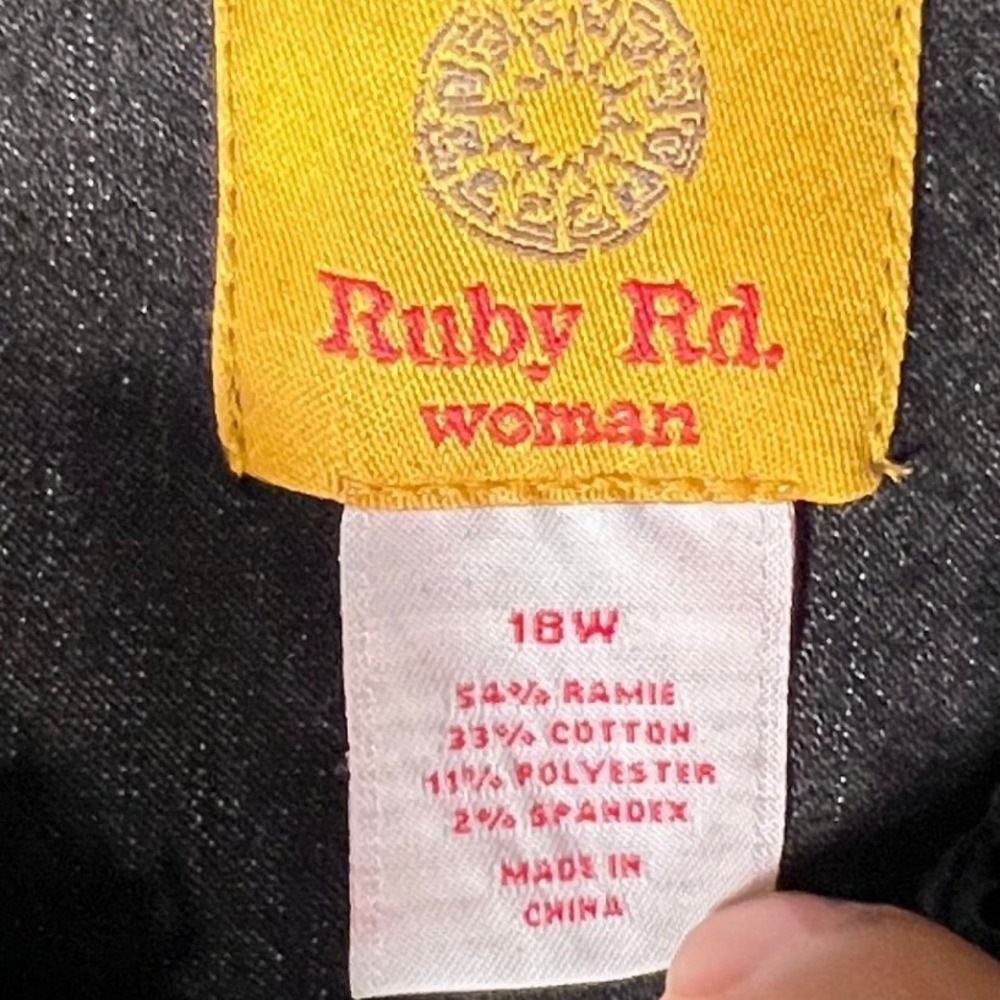 Ruby Rd Woman Black Denim Rhinestone Ruffle Open Front Jacket 18W 3/4 Sleeve - Picture 3 of 9